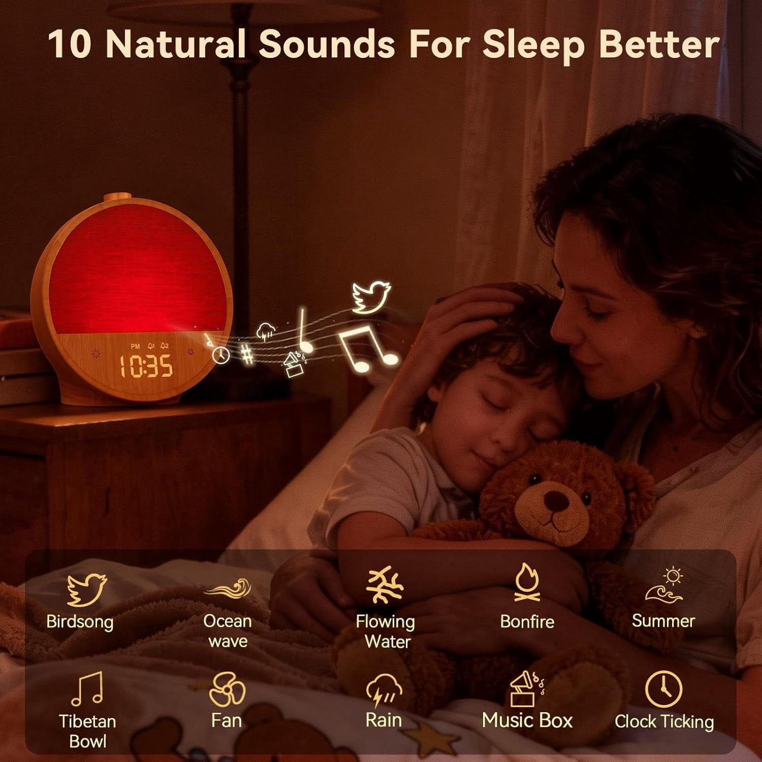 Wood Grain Sunrise Alarm Clock with Wake Up Light, White Noise Sound Machine, Dual Alarms for Heavy Sleepers, 10 Natural Sounds, RGB Mood Light, Dimmable Bedside Night Lamp for Bedroom