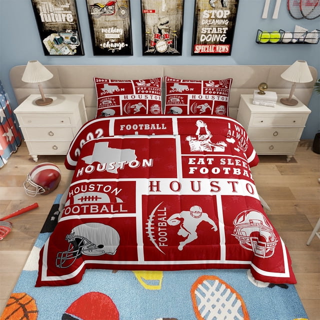Erosebridal Full Football Comforter Set for Kids Boys Girls,Sports Bedding Set,Rugby Down Comforter for Football Fan,Ball Patchwork Reversible Bed Set with 2 Pillowcases Warm(Houston)
