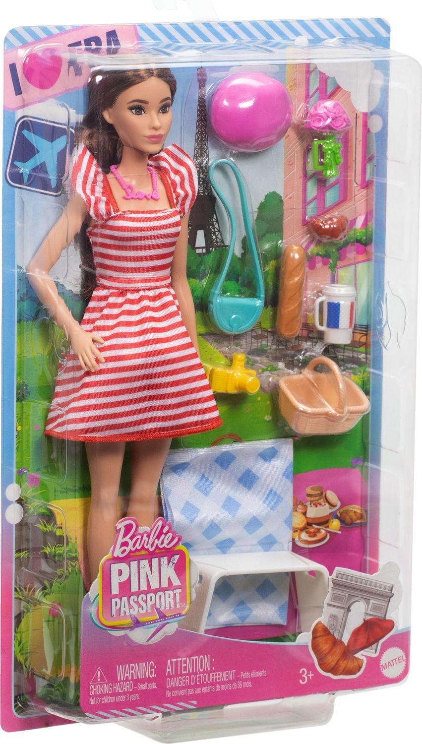 Barbie Pink Passport Paris Doll Set with Clothes & Picnic Accessories, Includes Brunette Doll - Walmart Exclusive