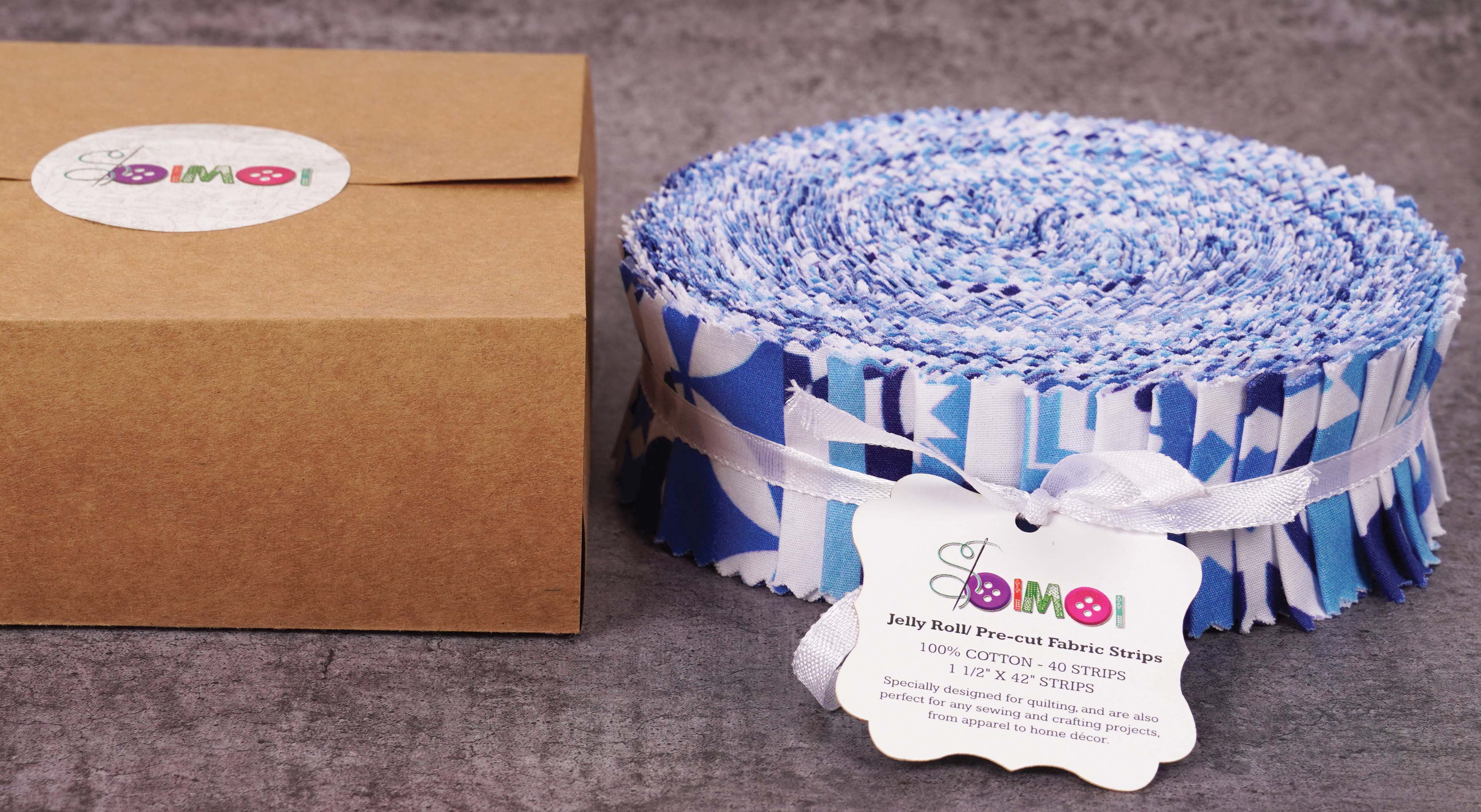 Soimoi 40Pcs Mosaic Print Precut Fabrics Strips Roll Up 1.5x42inches Cotton Jelly Rolls For Quilting - Medium Blue
