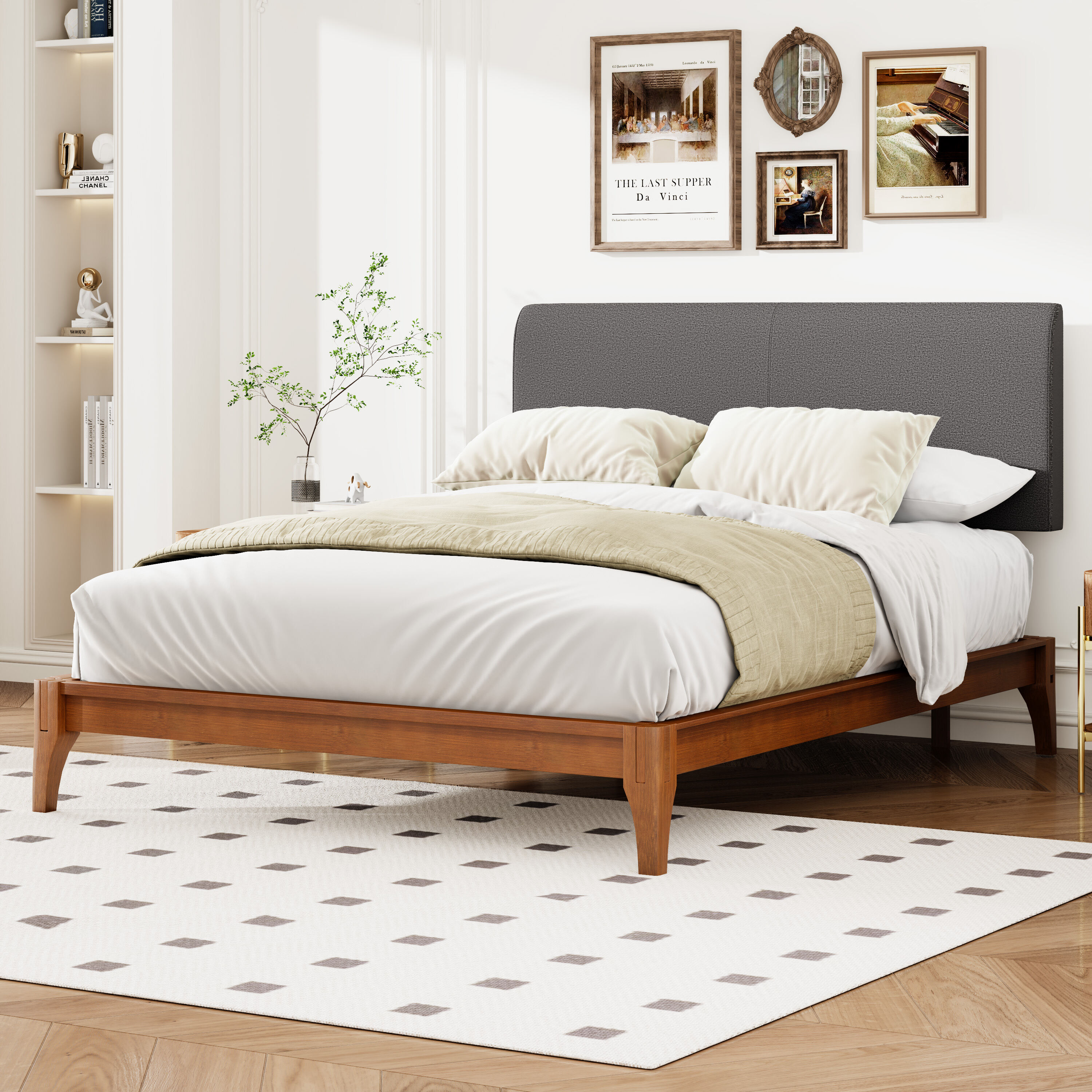 , Grey Curved Adjustable Headboard Full, Grey ,Linen , Grey Curved Adjustable Headboard Full