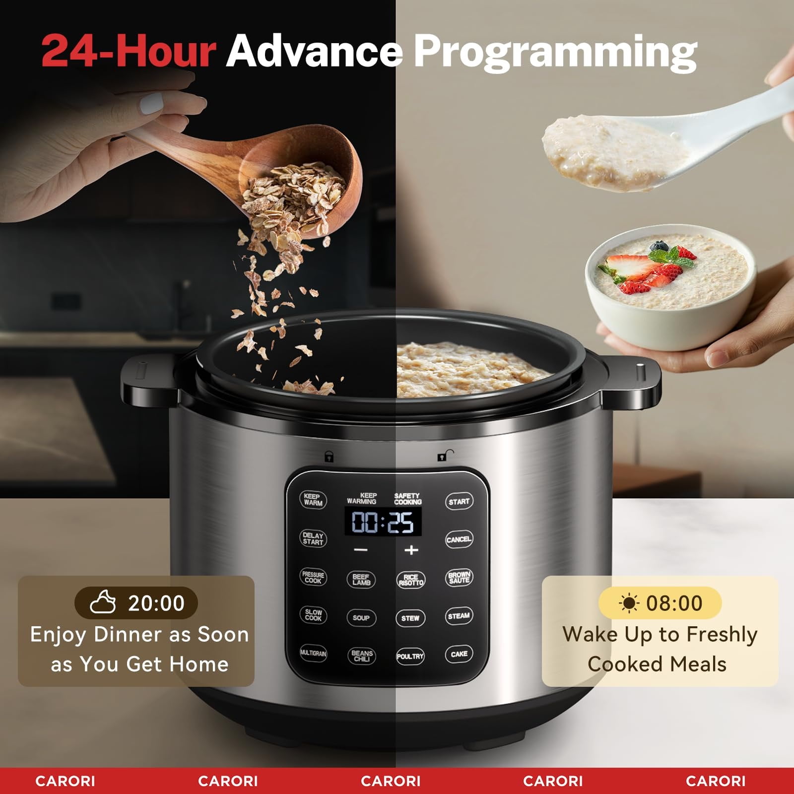 CARORI 9-in-1 Electric Pressure Cooker 6 Qt, Programmable Multi-Function with Safer Vent, Olla de Presion, Rice Cooker, Slow Cooker, Steamer, Sauté, Warmer & Sterilizer, 1000W, Stainless Steel
