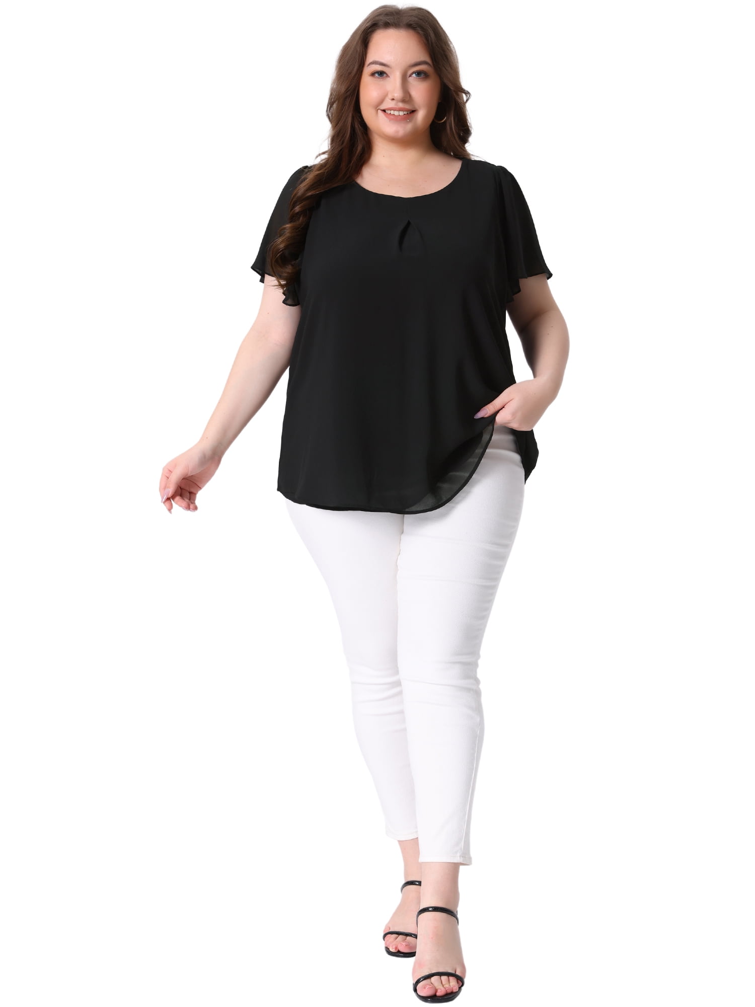 DARING DIVA Women's Plus Chiffon Ruffle Double-Layered Top 3X Black