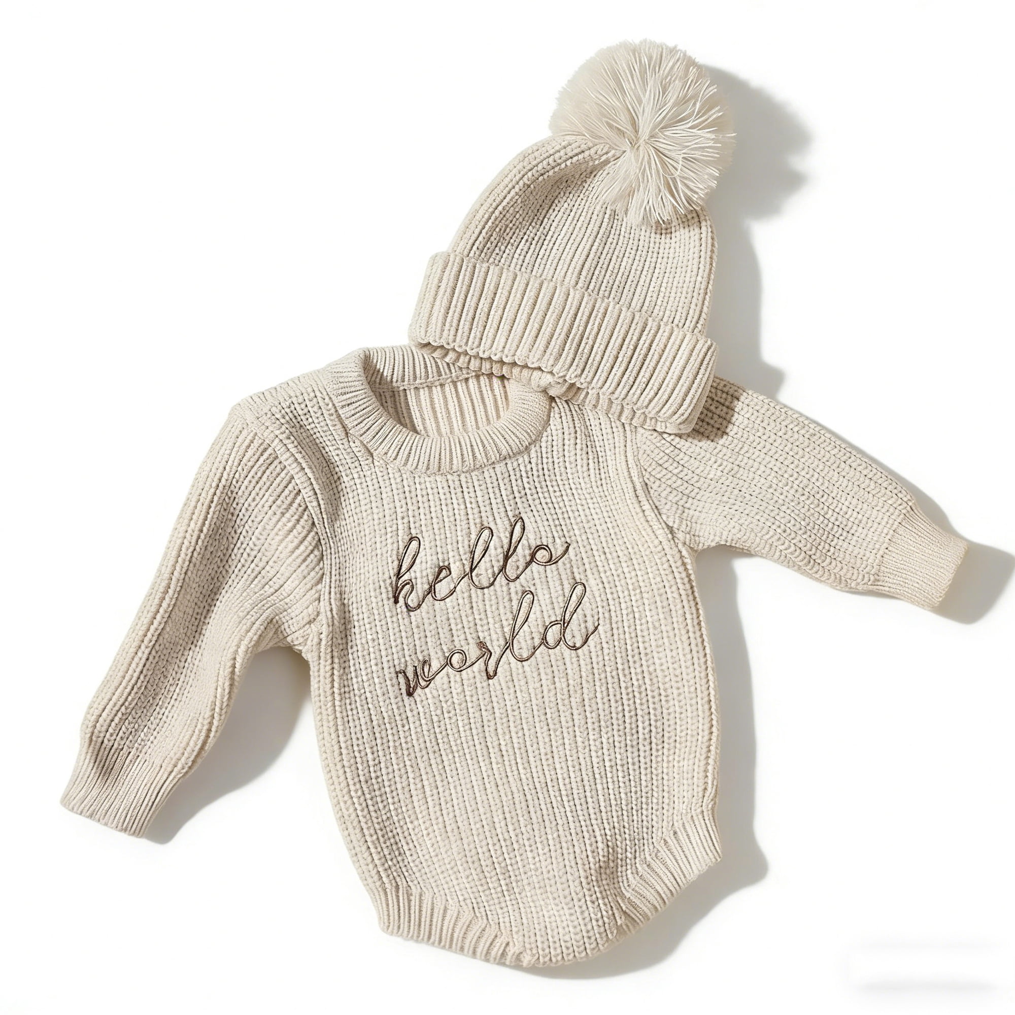 "Hello World" Knitted Newborn Romper Pom-Pom Hat Set 2-Pack Baby Photography Outfits for Boys Girls, Infant Knit Sweater Jumpsuit leisure Outfits