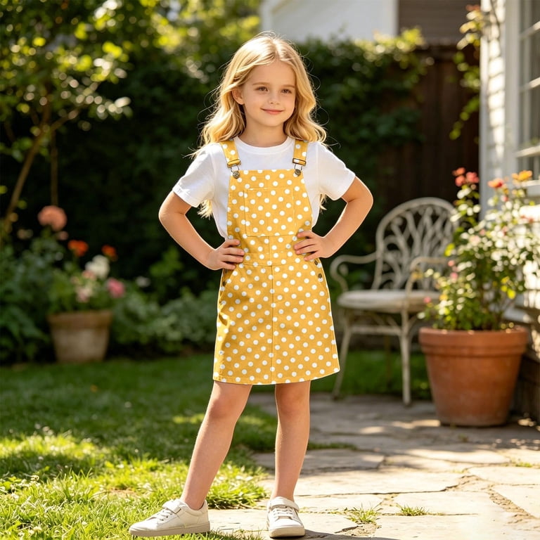 FYDUU Girls Sleeveless Printed Overalls Dress with Pocket Adjustable Strap Suspender Dress Knee-Length Fashion Casual Dresses 8-9 Years