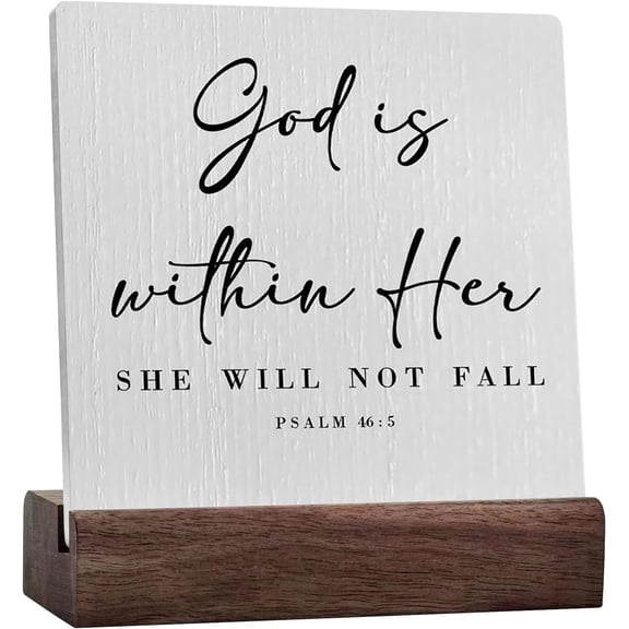 God Is Within Her Bible Verse Artwork Ceramic Table Sign Rustic Farmhouse Style Psalm 46:5 Christian Wood Home Office Desk Sign Decor For Presents