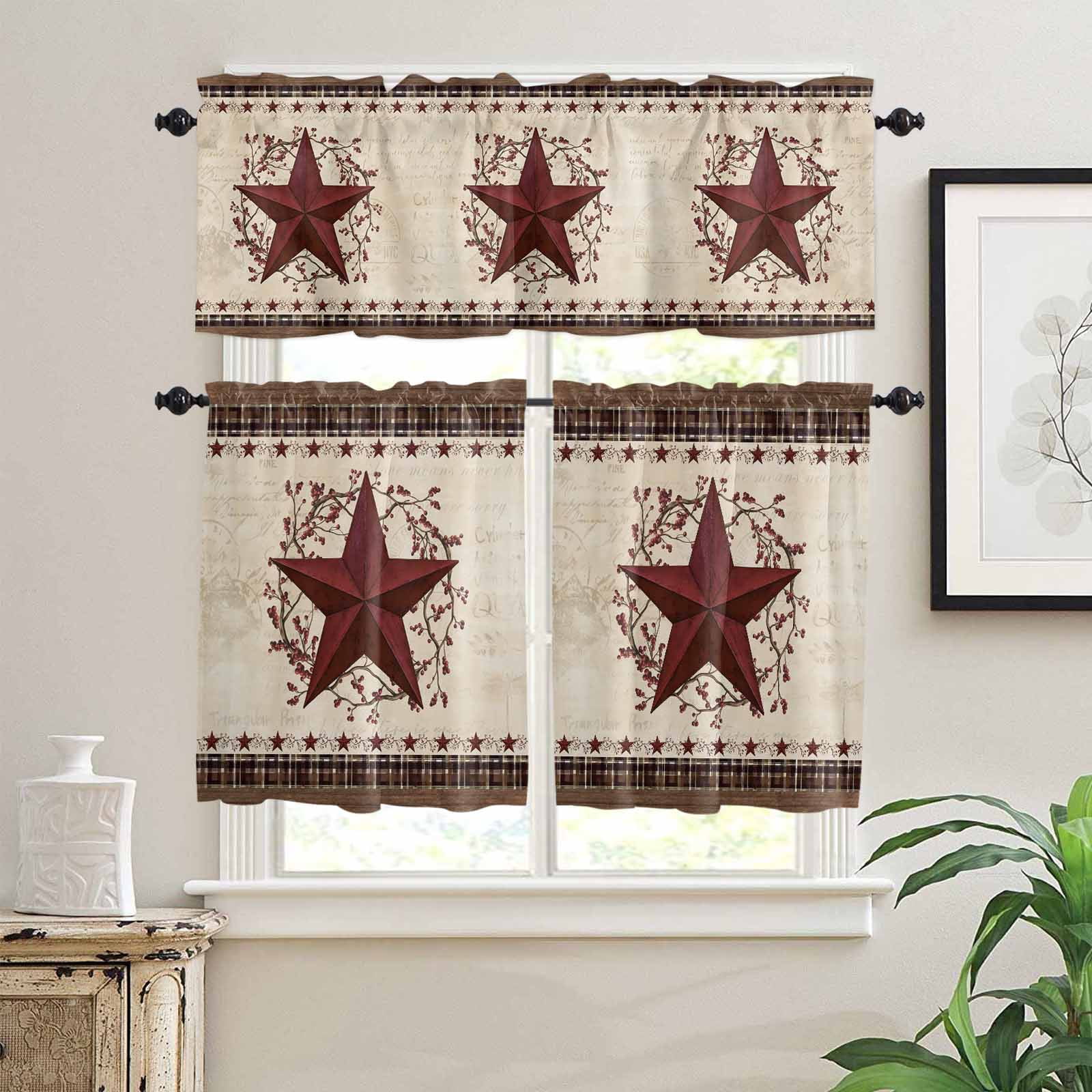 Country Star Kitchen Curtains Valance and Tier Set Red Stars Berry Linen Texture Brown Plaid Wood Grain Rod Pocket Short Curtains for Small Window 3 Pieces Set for Bedroom Cafe (54" x 18"+27" x 36")