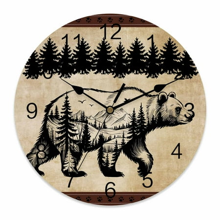 Wall Clock Black Bear Pine Tree Silhouettes Clocks PVC Silent Non-Ticking Battery Operated Decorative Vintage Rustic Forest Round Clock for Home Living Room Kitchen Bedroom Office Wall Decor 14 Inch