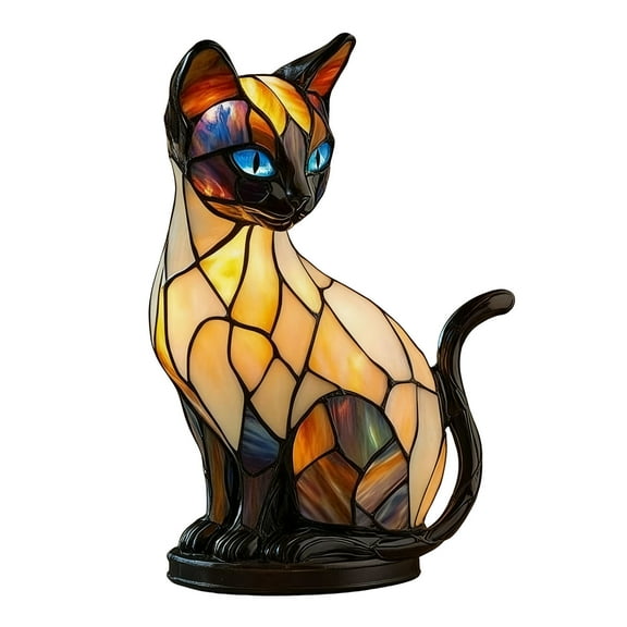 Cute Siamese Cat Resin Night Light, Solar Powered Garden Statue with Colorful Stained Glass Effect, Outdoor Patio Animal Figurine, Festive Lamp Gift, Yellow