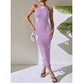 thumbnail image 3 of Lilac Purple Floral Embellished Halter Neck Fitted Sleeveless Midi Dress With Tassel Hem, 3 of 6