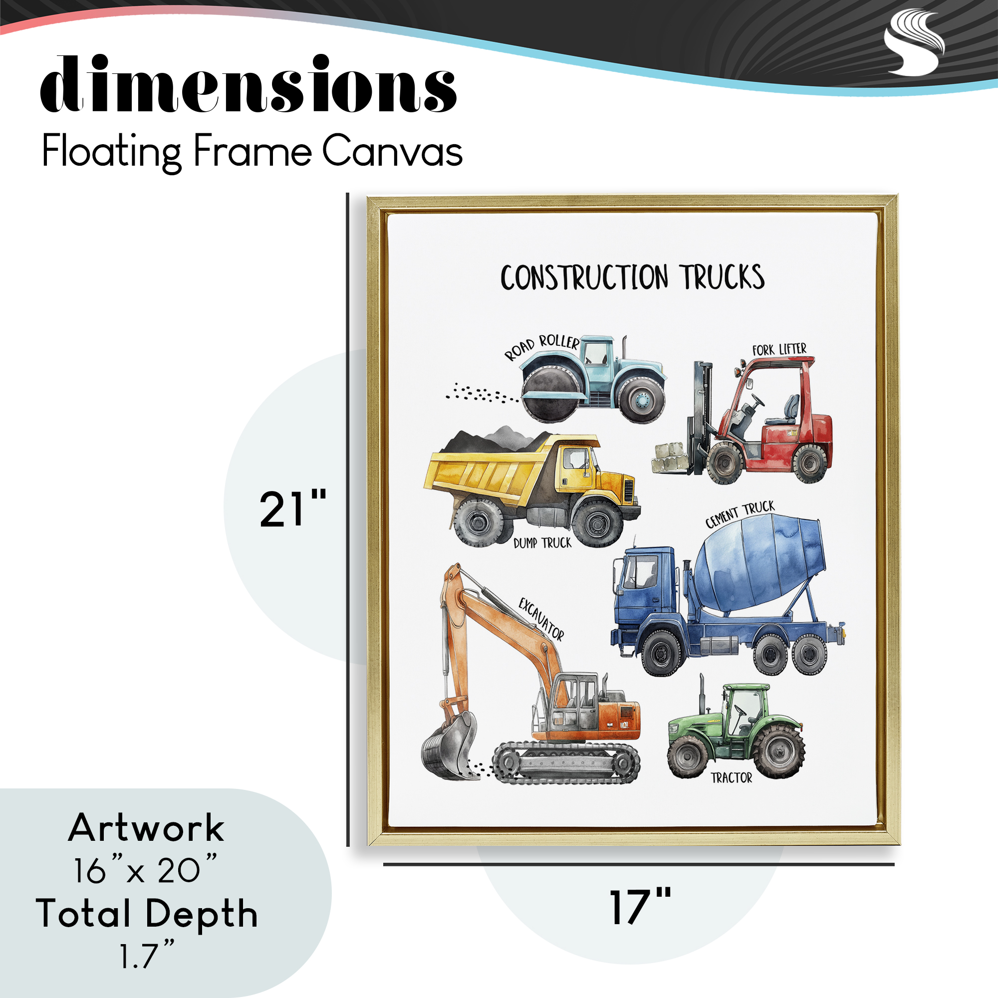 Construction Trucks Machinery Gold Framed Floater Canvas Wall Art, design by Christine Simpson Art