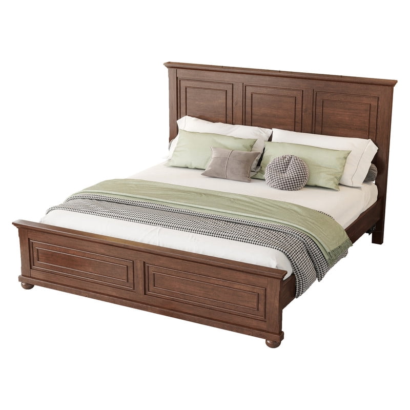 Mirightone King Size Farmhouse Bed Frame with Charging Station, Tall Headboard & Footboard, Solid Wood Platform Bed, No Box Spring Needed, Noise-Free,Walnut