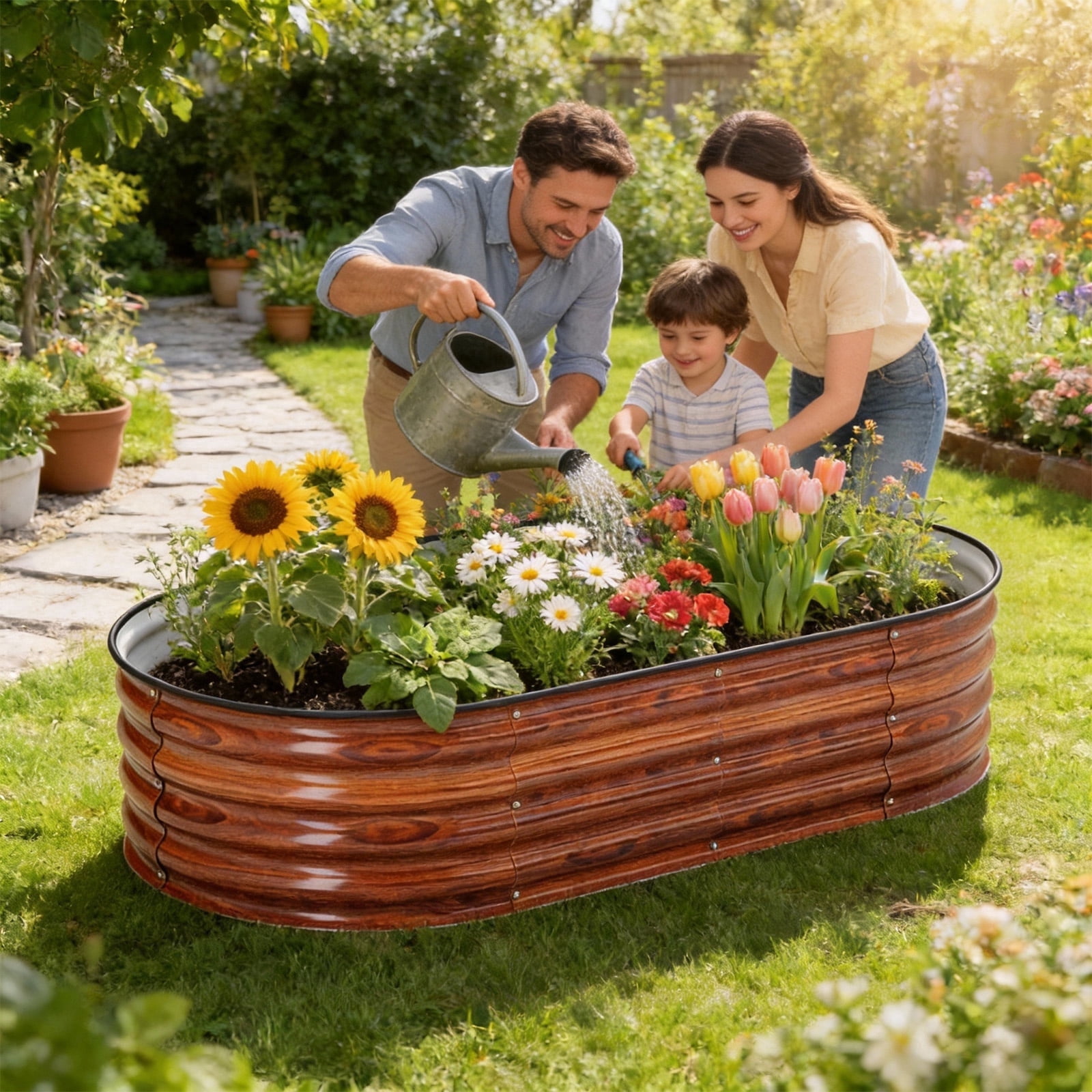 Vebreda Raised Garden Bed Outdoor 3Pcs 4ft Metal Garden Bed for Vegetables Flowers and Herbs Planter Box,Brown