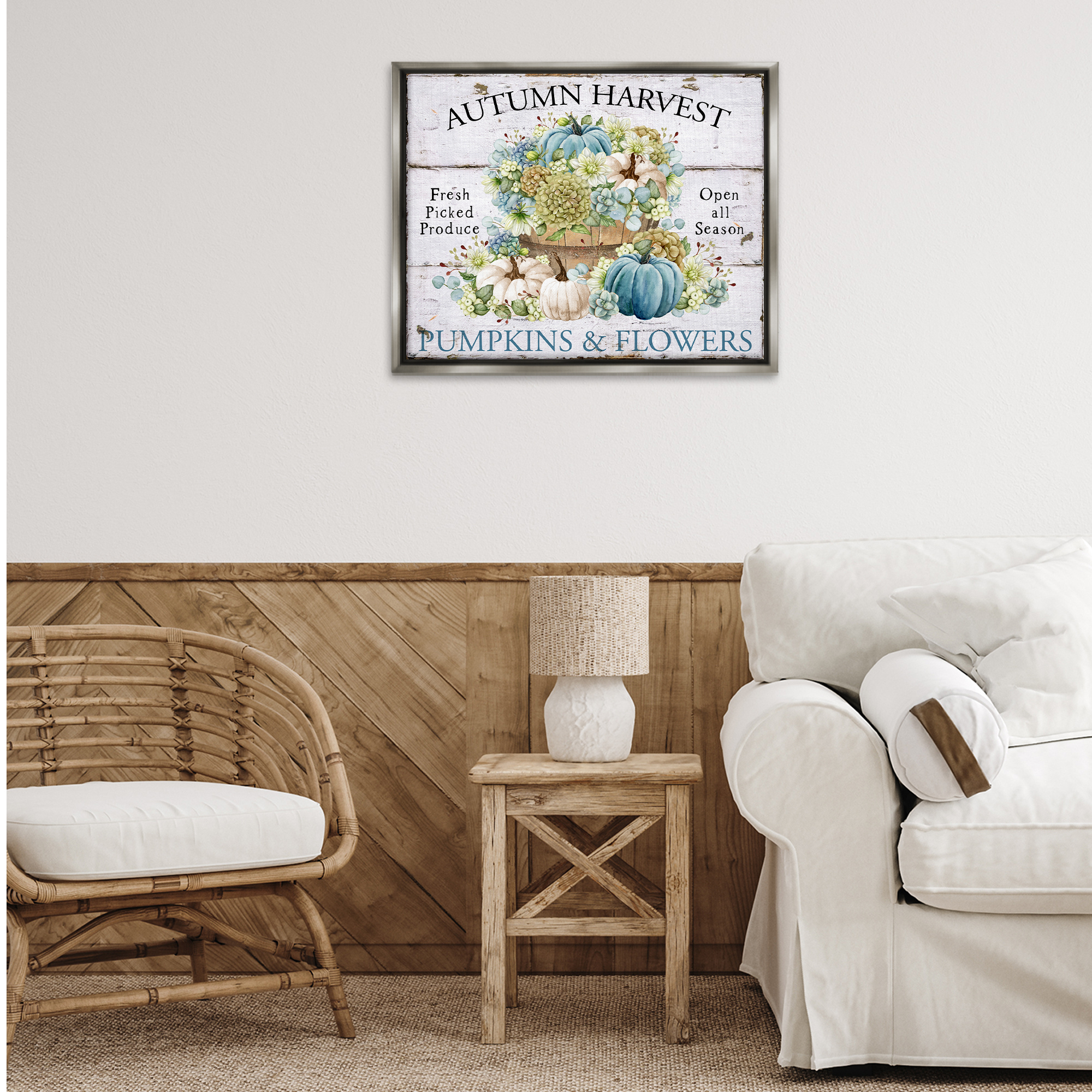 Stupell Industries Pumpkins & Flowers Harvest Holiday Painting Gray Floater Framed Canvas Art Prints Wall Art, 31 x 25