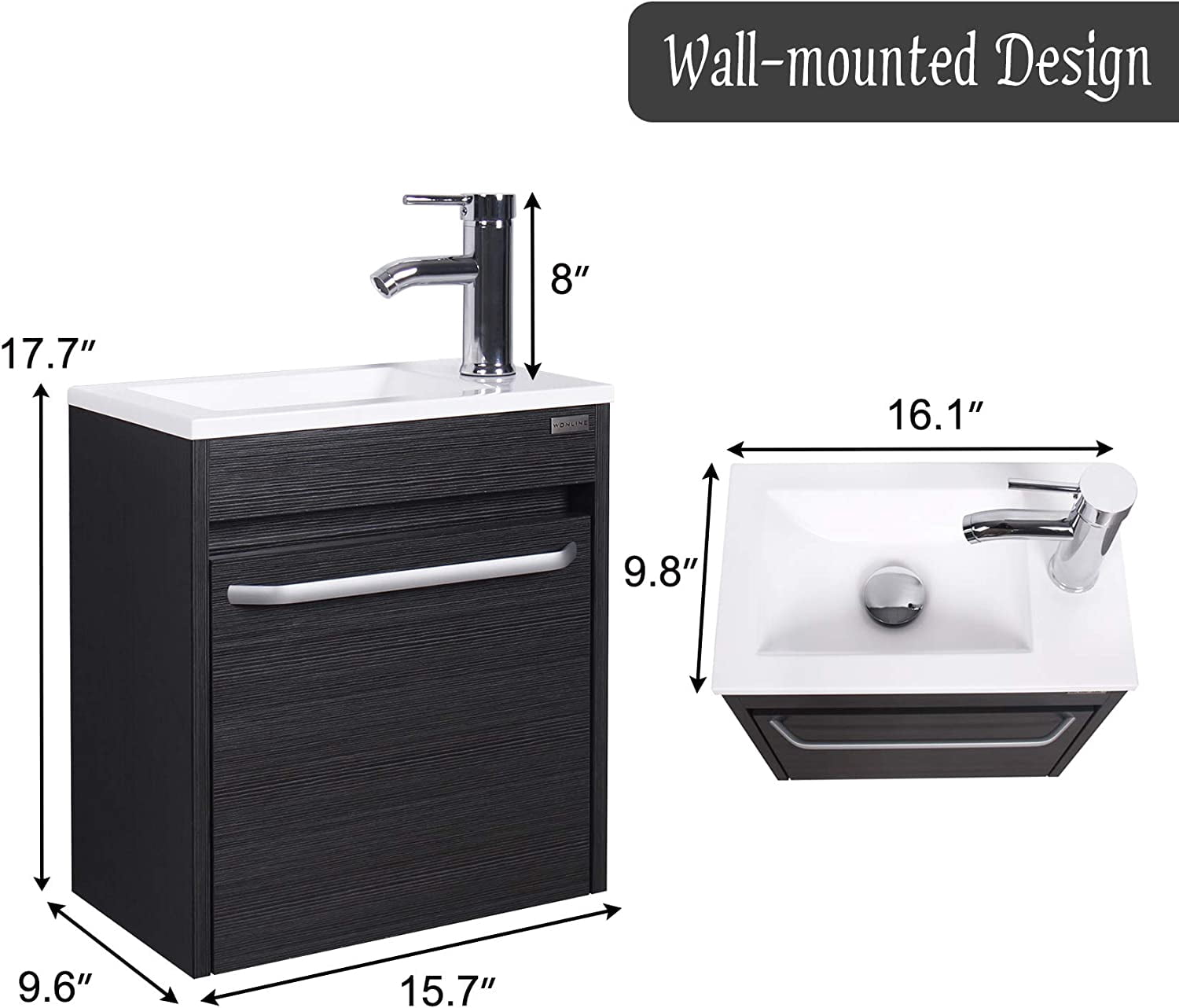 Wonline 16" Floating Bathroom Vanity Wall Mounted Black Vanity for Small Bathroom Single Cabinet Resin Basin Faucet Black