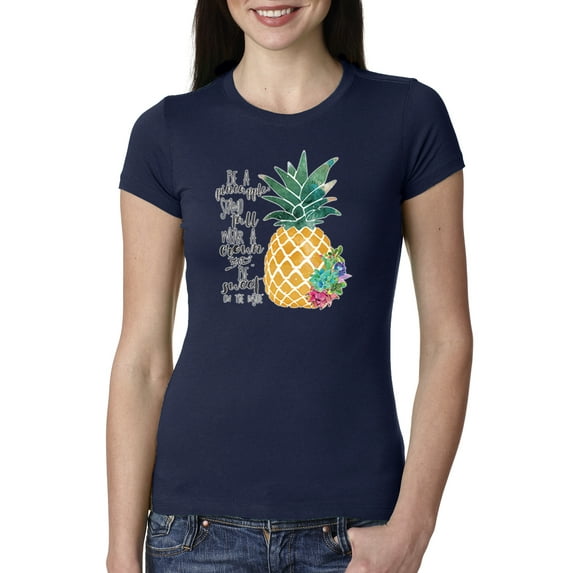 Wild Bobby, Pineapple Stand Tall Wear Crown And Stay Sweet Inside Arty Inspirational Pop Culture Womens Slim Fit Junior Tee, Navy, Large