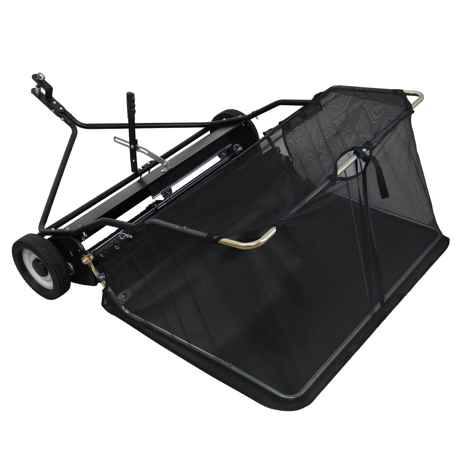Wliqien 44-Inch Tow Behind Lawn Sweeper, Adjustable Sweeping Height Large Capacity Leaf Grass Collector, Heavy Duty Yard Sweeper with Dumping Rope Rubber Wheels