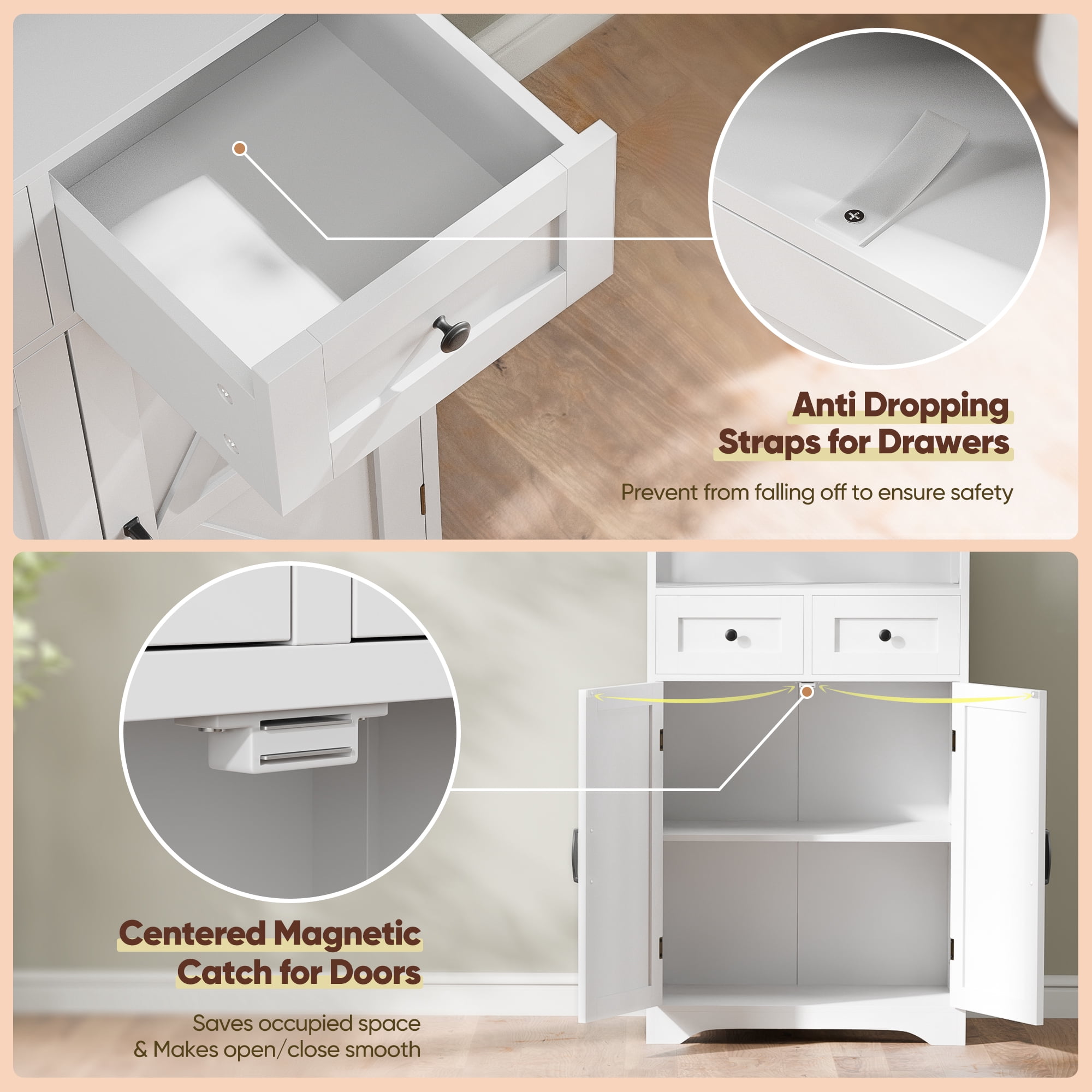 HomGarden Floor Storage Cabinet Large Farmhouse Kitchen Pantry Cabinet W/Drawers & Doors & Shelves for Home, Bathroom, Entryway, Living Room, White