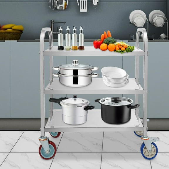 ChicHomey Stainless Steel Kitchen Trolley Cart, 3-Tier Design, 420lbs Capacity, Easy to Move with  Wheels and Convenient Handles