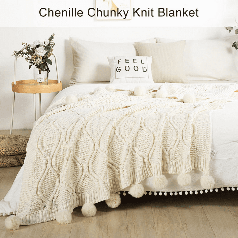 Wekity Chunky Knit Blanket with pom poms Soft Big Cozy Throw Blankets for Couch Bed Sofa Chair 51 63 Inches White Walmart