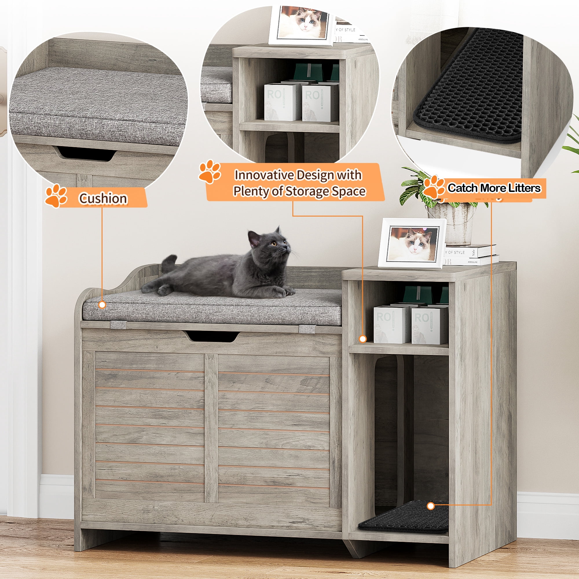 Large Wooden Cat Litter Box Enclosure – Flip-Top Opening, Hidden Storage Shelf, Litter Mat, Cushion & Pad – Covered Cat Washroom Furniture for Indoor & Heavy Cats