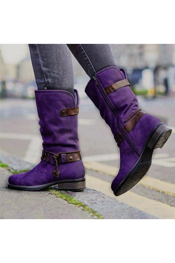 Womens Boots Low Heel Rubber Zip-Up Mid-Calf Winter Purple