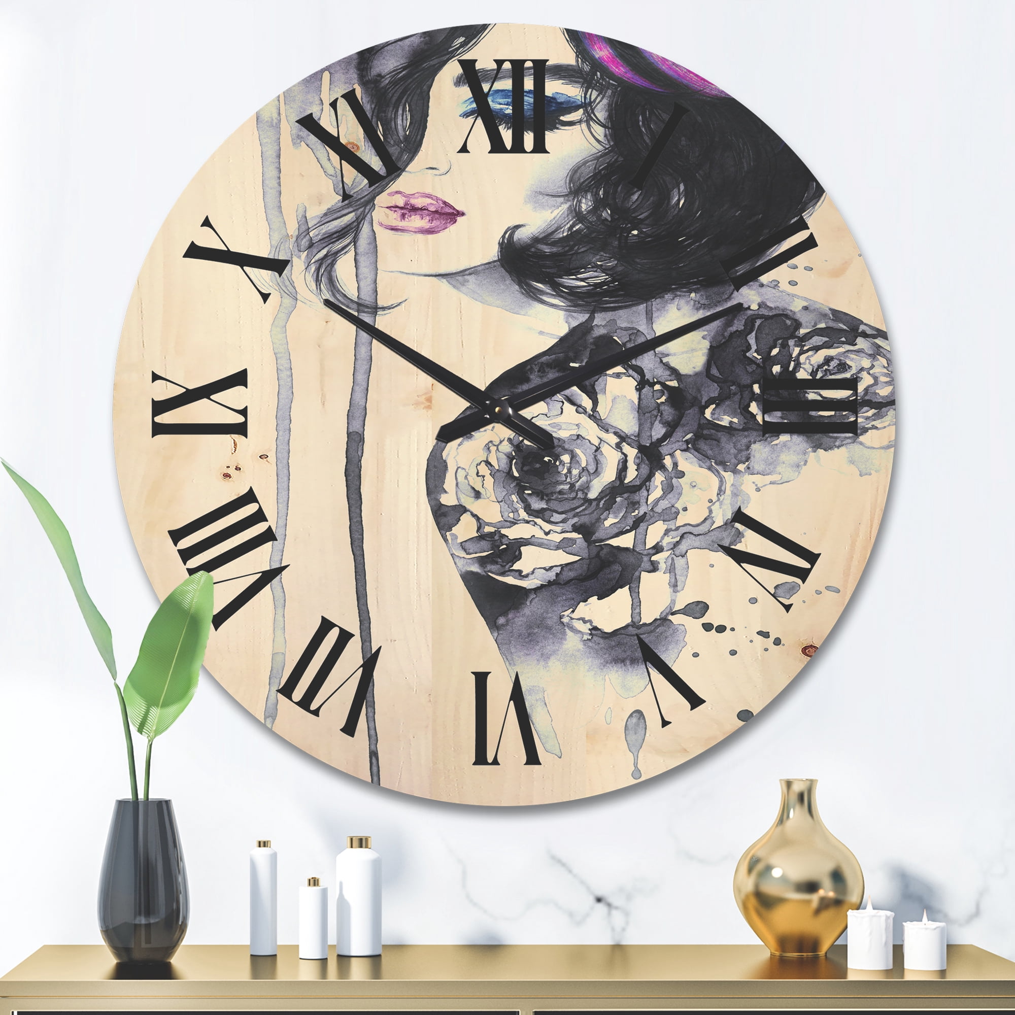 Designart 'Monochrome Female Portrait With Colorful Makeup' Modern Wood Wall Clock