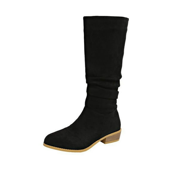 Black Pointed Toe Knee-High Boots For Women With Thick Heel Low Heel Design Casual Winter Wear