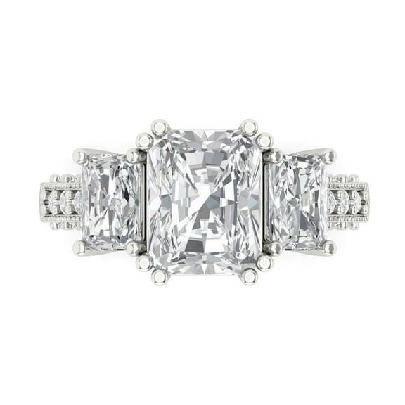 4.27 ctw 3 Stone Anniversary Ring for Women | Emerald Cut White Sapphire | Hyperallergenic Solid 14K White Gold