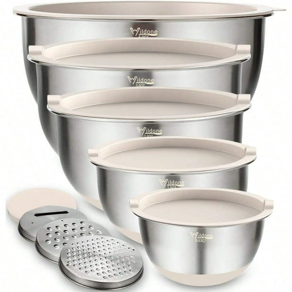 Mixing Bowls with Airtight Lids Set 5PCS Stainl Steel Khaki Nesting Bowls for Kitchen with Grater Attachments NonSlip Bot Size 5 3 2 1.5 0.63 QT Great for Mixing Serving