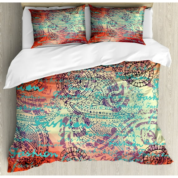 Ethnic Duvet Cover Set, Lettering of Grunge Background Circle Ornamentals Art, Decorative 3 Piece Bedding Set with 2 Pillow Shams, King Size, Turquoise Orange Black, by Ambesonne