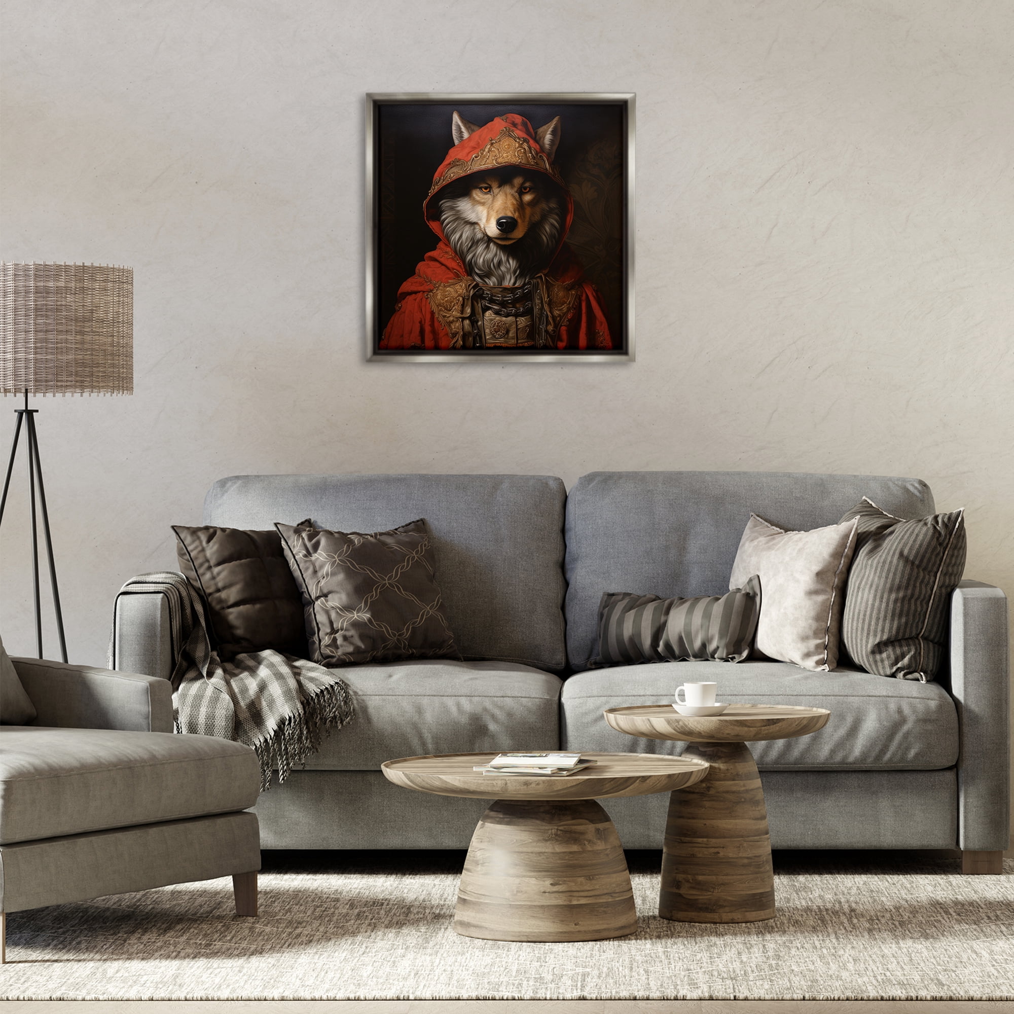 Stupell Industries Wolf with Red Cloak Animals & Insects Painting Gray Floater Framed Canvas Art Print Wall Art, 25 x 25