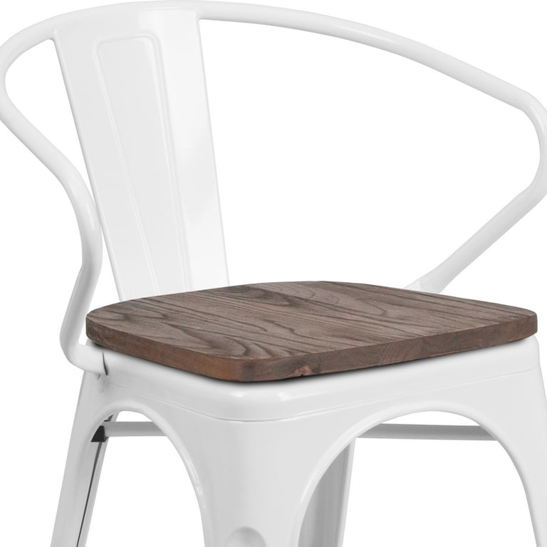 Flash Furniture White Metal Chair with Wood Seat and Arms