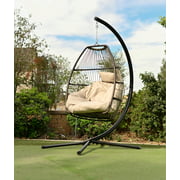 Outdoor Large Hanging Egg Chair Lounge Chair w/ Stand and Cushion, Beige