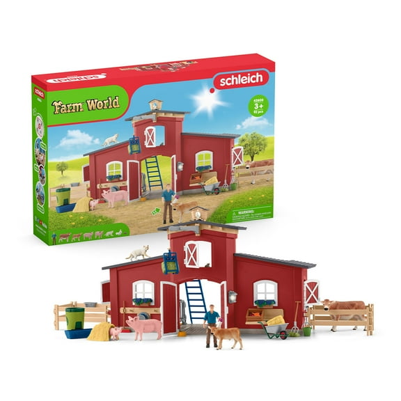 Schleich Farm World - 92PC Red Barn Playset with Animals, Farmer and Accessories - Barnyard Animal Figurines and Farm Toys for Kids Ages 3  - 42407
