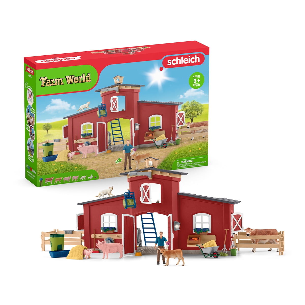 Schleich Farm World - 92PC Red Barn Playset with Animals, Farmer and Accessories - Barnyard Animal Figurines and Farm Toys for Kids Ages 3+ - 42407