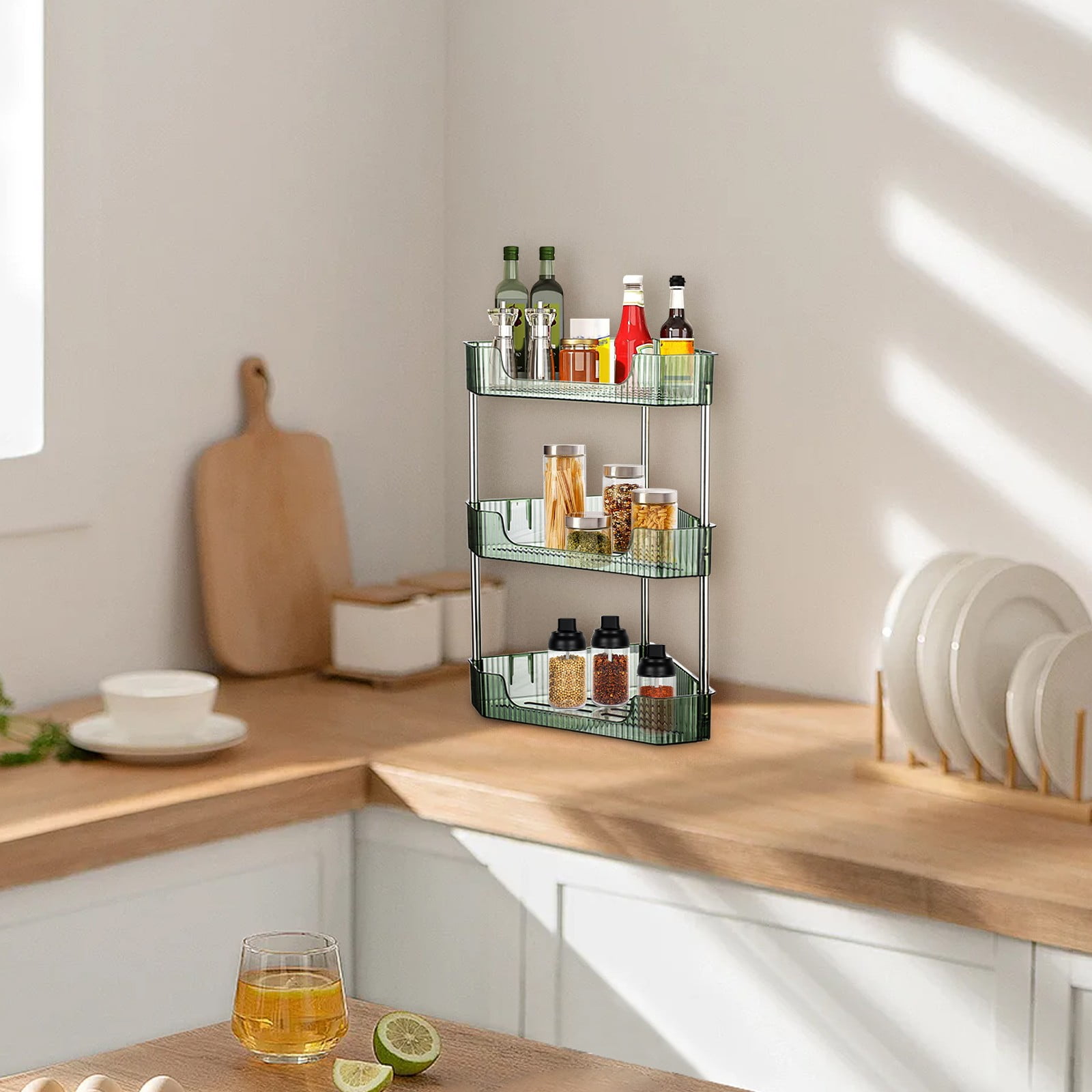 CMYYNNA 3-Tier Corner Bathroom Counter Organizer, Plastic Makeup Skincare Organizers Storage Countertop, Sink Vanity Trays Perfume, Cosmetic Shelf for Bedroom, Dresser, Kitchen (Green)