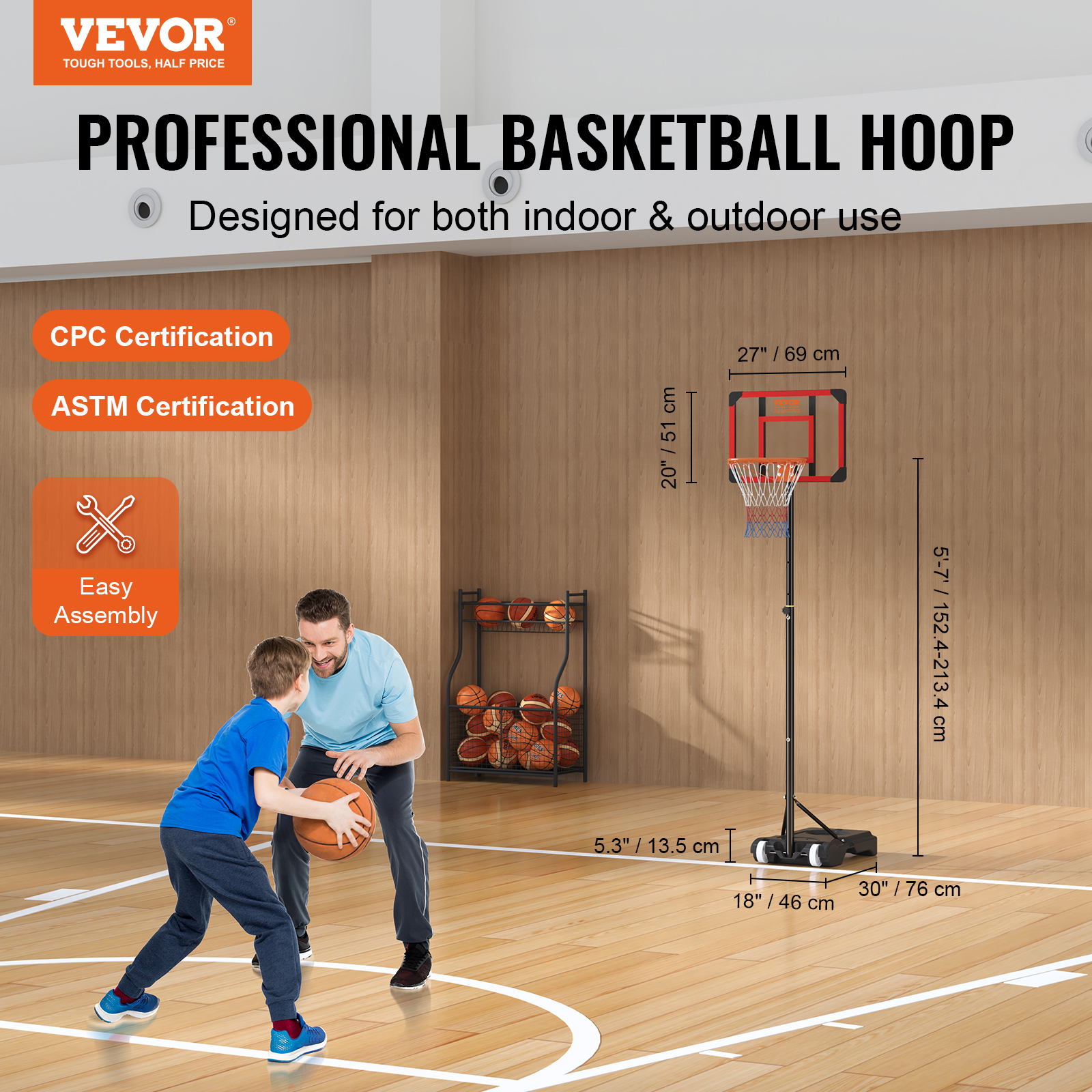 VEVOR Basketball Hoop, 5-7 ft Adjustable Height Portable Backboard System, 28 inch Basketball Hoop & Goal, Kids & Adults Basketball Set with Wheels, Stand, and Fillable Base