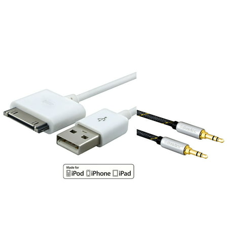 MFI USB 2-in-1 Sync Cable For iPod Touch 4th/ iPhone 4S 4 / iPad 2 3 3rd (MFI-APRPDCB01), White (+ 3.5mm Audio Cable) (2-in-1 Accessory