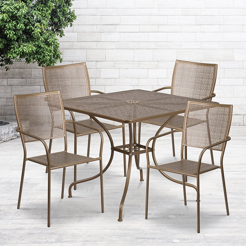 Commercial Grade 35.5" Square Gold Patio Table Set4 Square Back Chairs