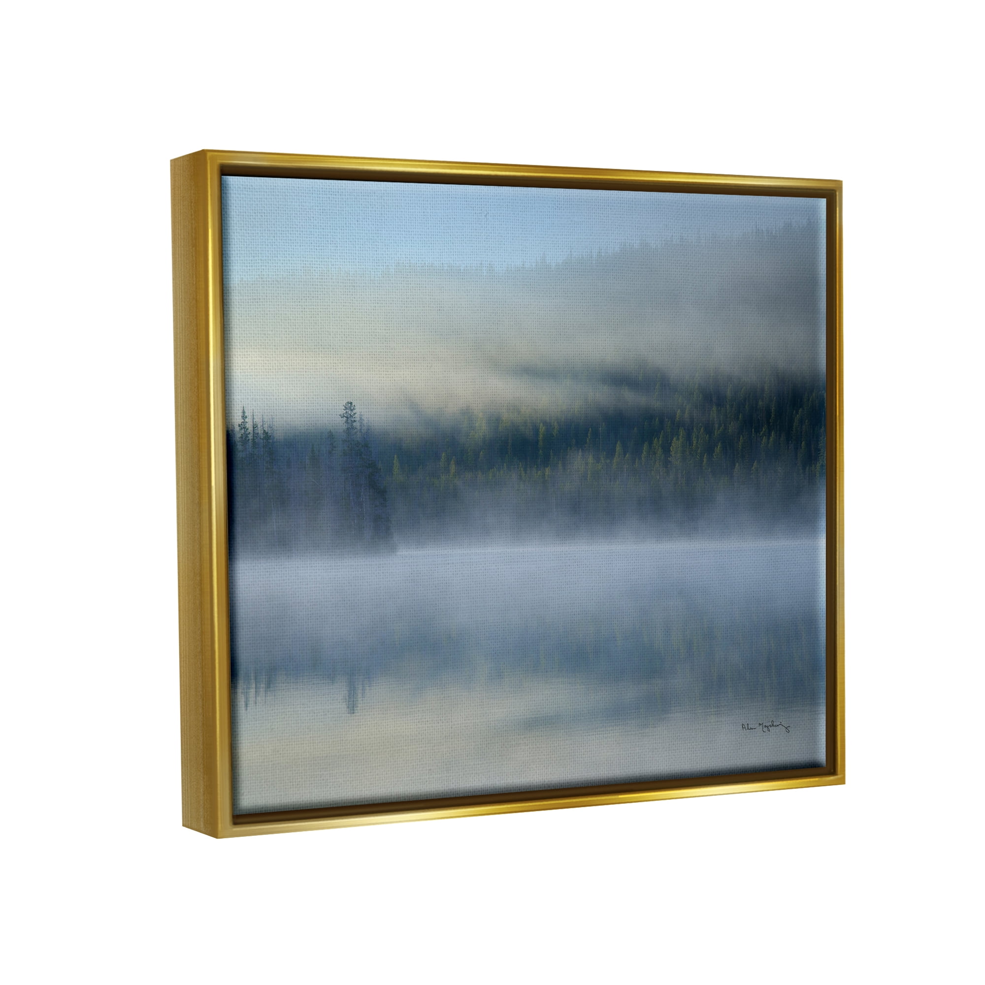 Stupell Industries Foggy Mountain Lake Scenery Nature Photography Gold Floater Framed Art Print Wall Art, 21 x 17