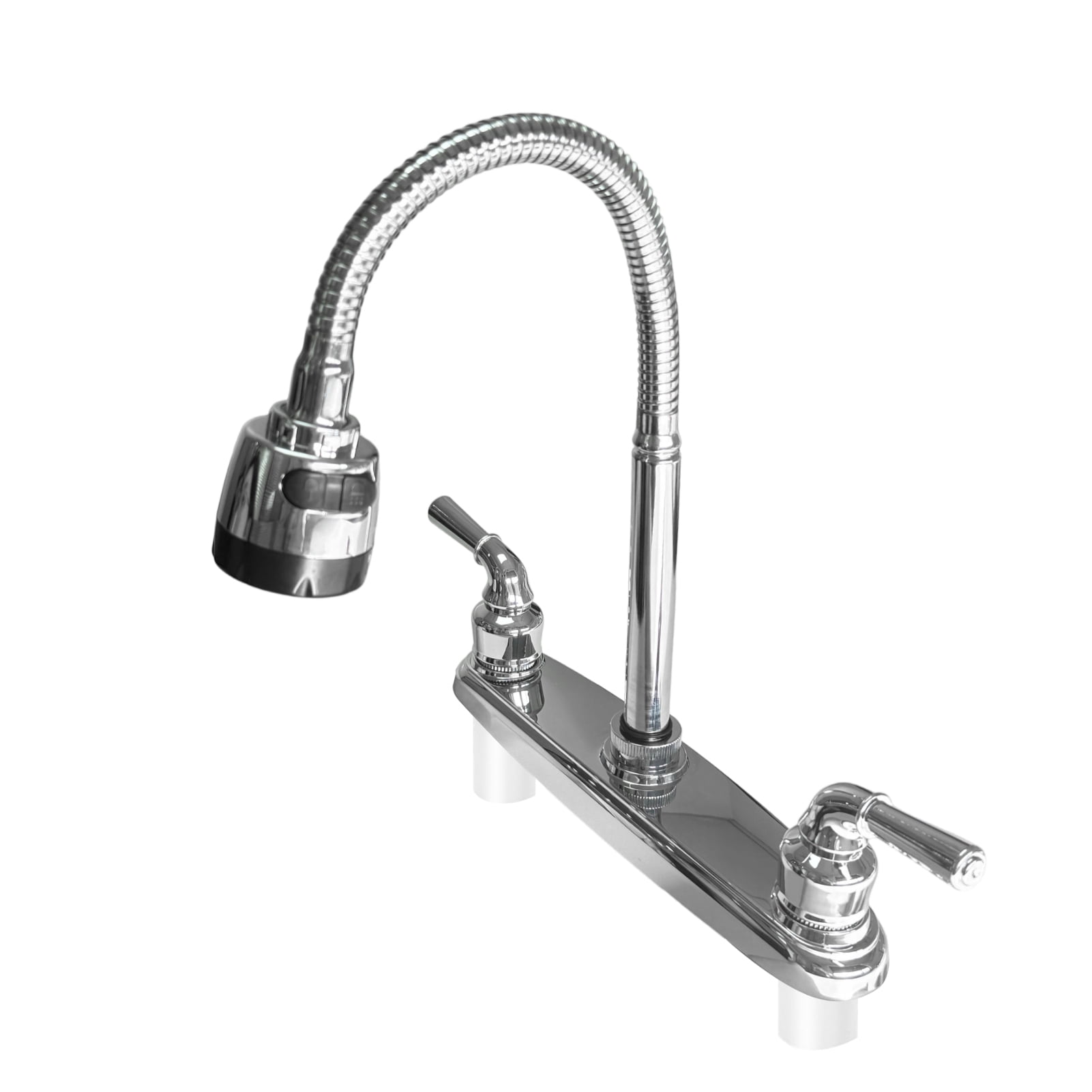 RV Kitchen Faucet, Non-Metallic Camper Kitchen Sink Faucet 8 Inch 2 Hole Double Handles with Flexible Arch 360 Degree Rotatable Spout for Campers, Motorhome, Travel Trailer, Chrome