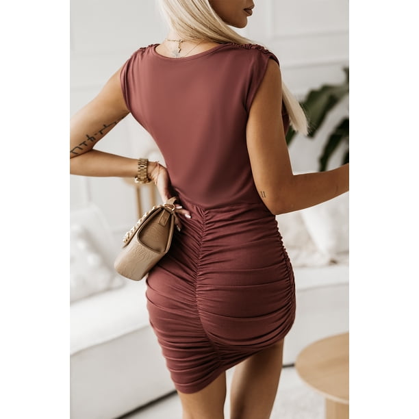 ABPHQTO Vestido ajustado sin mangas plisado marrón de mujer
