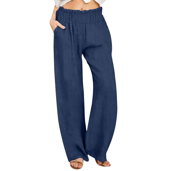 aohooy Beach Linen Pants Women Summer Trendy Loose Fit Wide Leg Palazzo Pant Flowy Casual High Waisted Lounge Trousers 2026 Navy,S