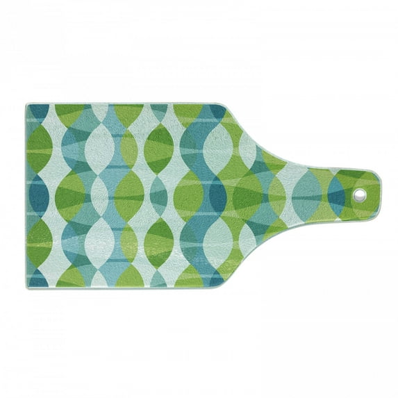 Grunge Cutting Board, Geometric Oval Shapes Elliptic Vertical Curves Nature Theme Pattern, Decorative Tempered Glass Cutting and Serving Board, Wine Bottle Shape, Apple Green Turquoise, by Ambesonne