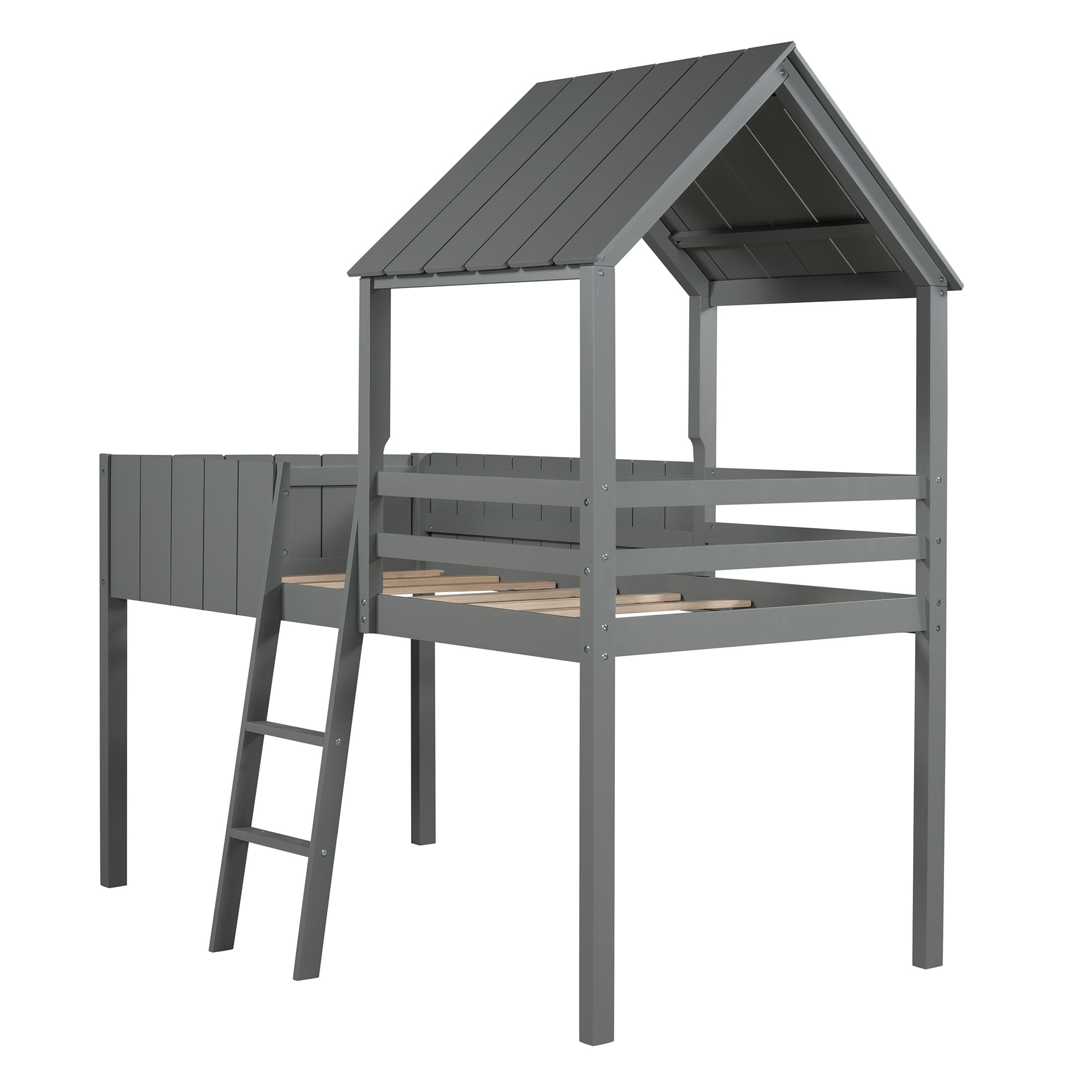 Modern Twin Size Loft Bed Wood Bed with Roof, Guardrail & Ladder, Toddler House Bed Bedroom Furniture, Space-Saving Wood Bed Frame, Under Bed Storage, No Box Spring Needed (Gray)