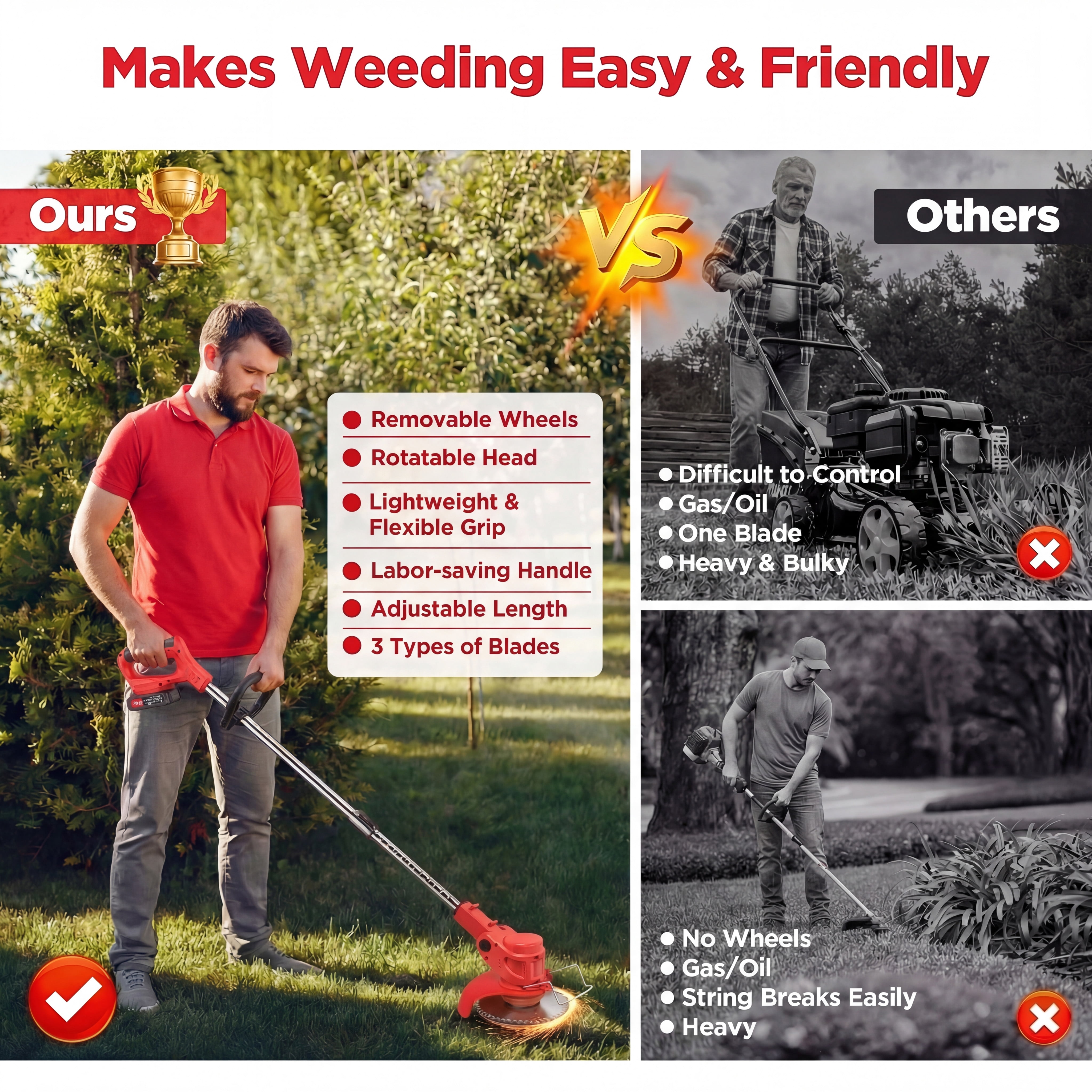 Yuyongr Weed Wacker Cordless String Trimmer with Wheels,2*2000mAh Cordless String Trimmer with 4 Types Cutting Blade,Weed Eater Grass Trimmer/Lawn Mower,(No Wheel)