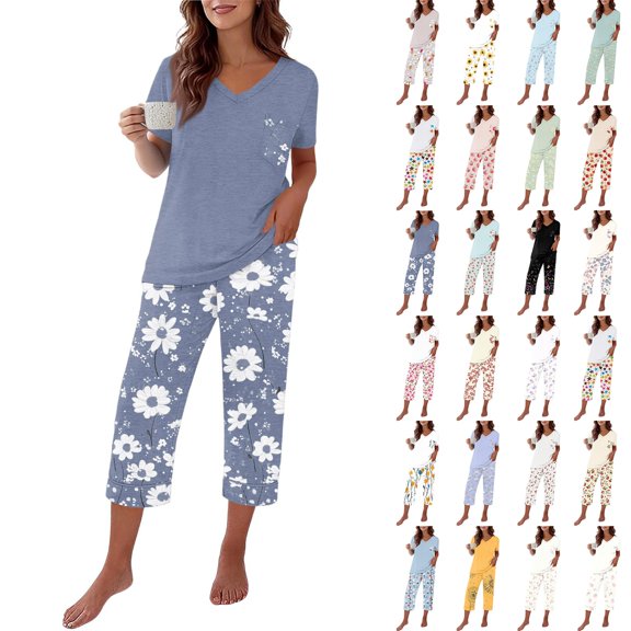 Lumistal Pajamas Set for Women Summer Pajamas Casual Soft Short Sleeve Tshirt and Crop Pants Matching Sets 2 Piece Pajamas Set Lounge Sets for Women