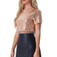 thumbnail image 4 of INSPIRAR CHIC Blusa de Mujer con Lentejuelas Brillantes de Manga Corta Cortada Cuello Redondo con Flecos para Fiesta de Cóctel Top Brillante M Rosa Dorado, 4 of 6