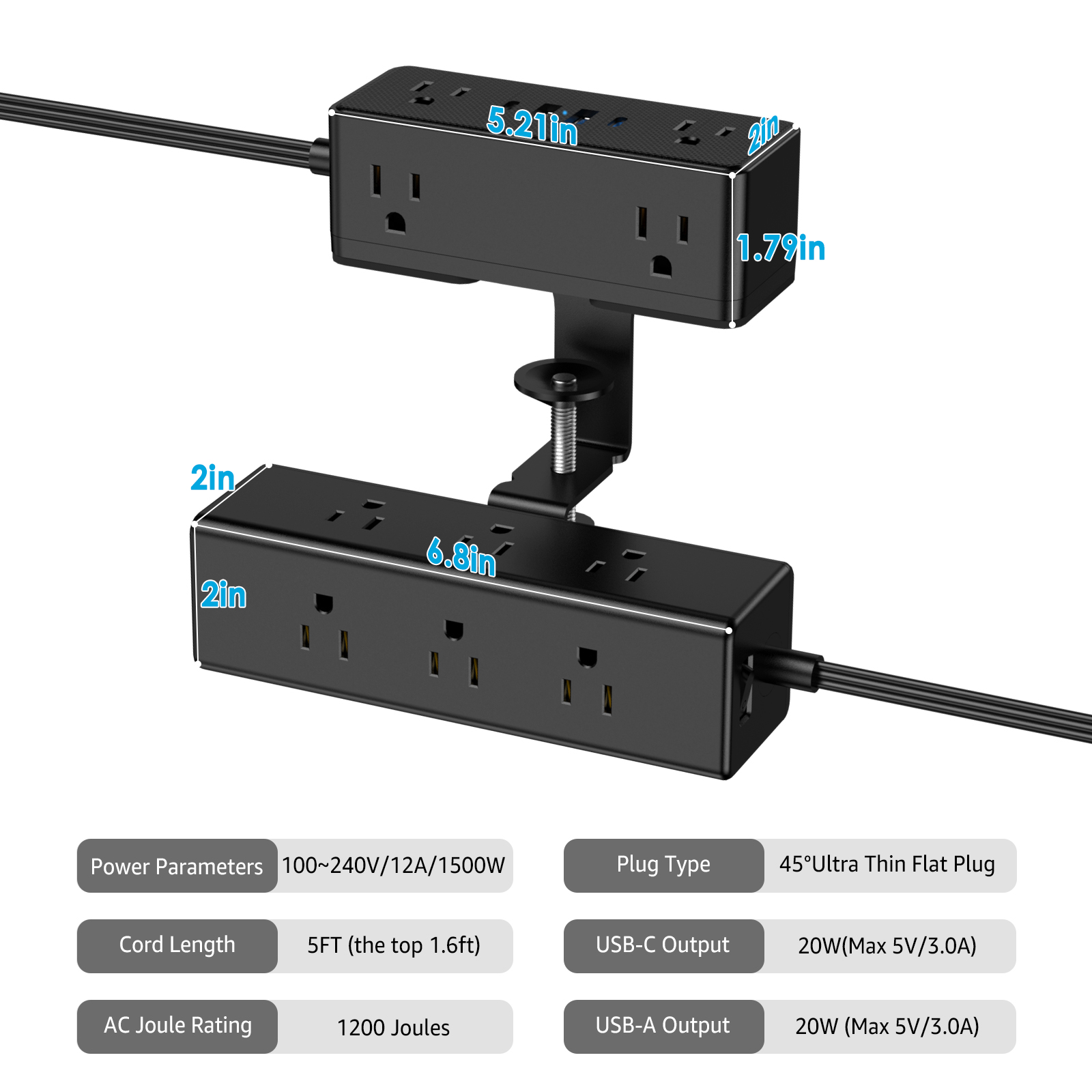 VILONG Desk Clamp Power Strip with 2 USB-c & 2 USB-a,15-Outlet Surge Protector, Edge Mount Design,5ft Extension Cord for Desktop(ETL Certified, Black)